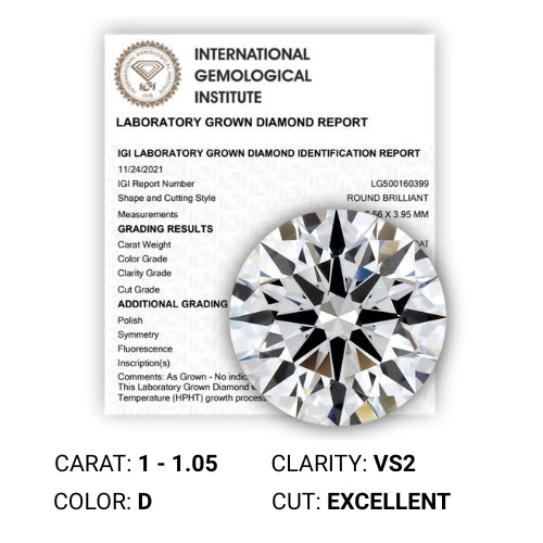 1,00 Karat runder Brillant-Labordiamant, Farbe D, Reinheit VS2 – IGI-zertifiziert (HERVORRAGENDER SCHLIFF, POLIERT, SYMMETRIE)