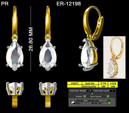 4.03ct Total Weight Pear Lab-Grown Diamond Drop Earrings in 14K Yellow Gold with White Gold Prongs