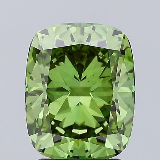 Lab-Grown Cushion Diamond - 2.52 Carats, Fancy Vivid Green Color, VS1 Clarity - Certified by IGI - Report Number: LG665429964